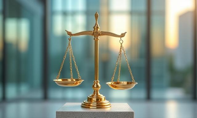 A set of balanced scales of justice in a professional setting